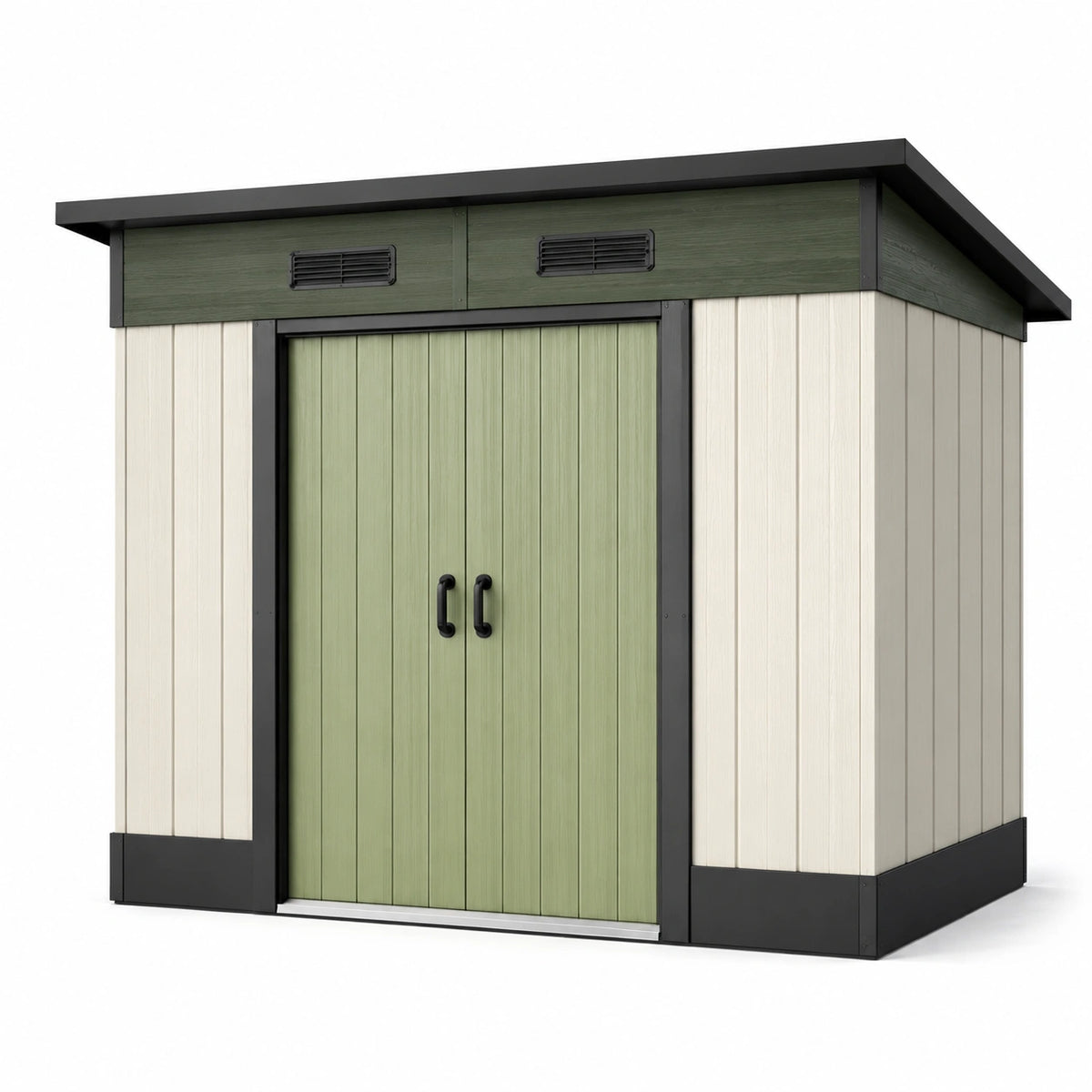 Structure extérieure en résine 180 x 120 x 200 cm vert olive, beige et noir avec double porte ventilée