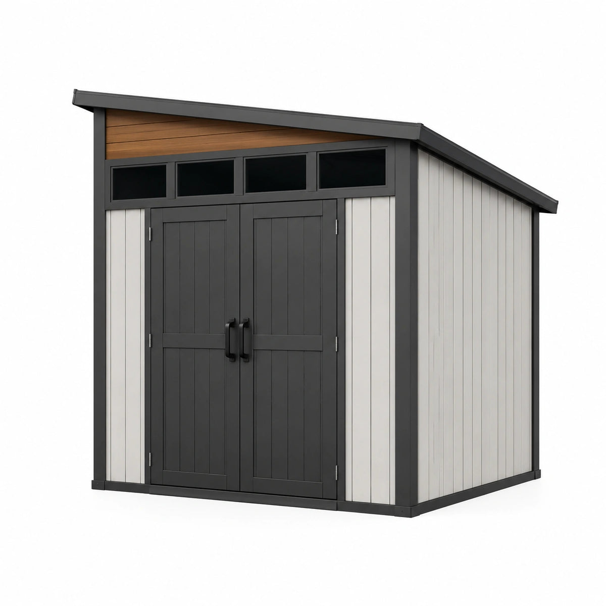 Abri de jardin en résine et métal 200 x 150 x 200 cm Gris clair, Anthracite et Marron avec double porte et fenêtres