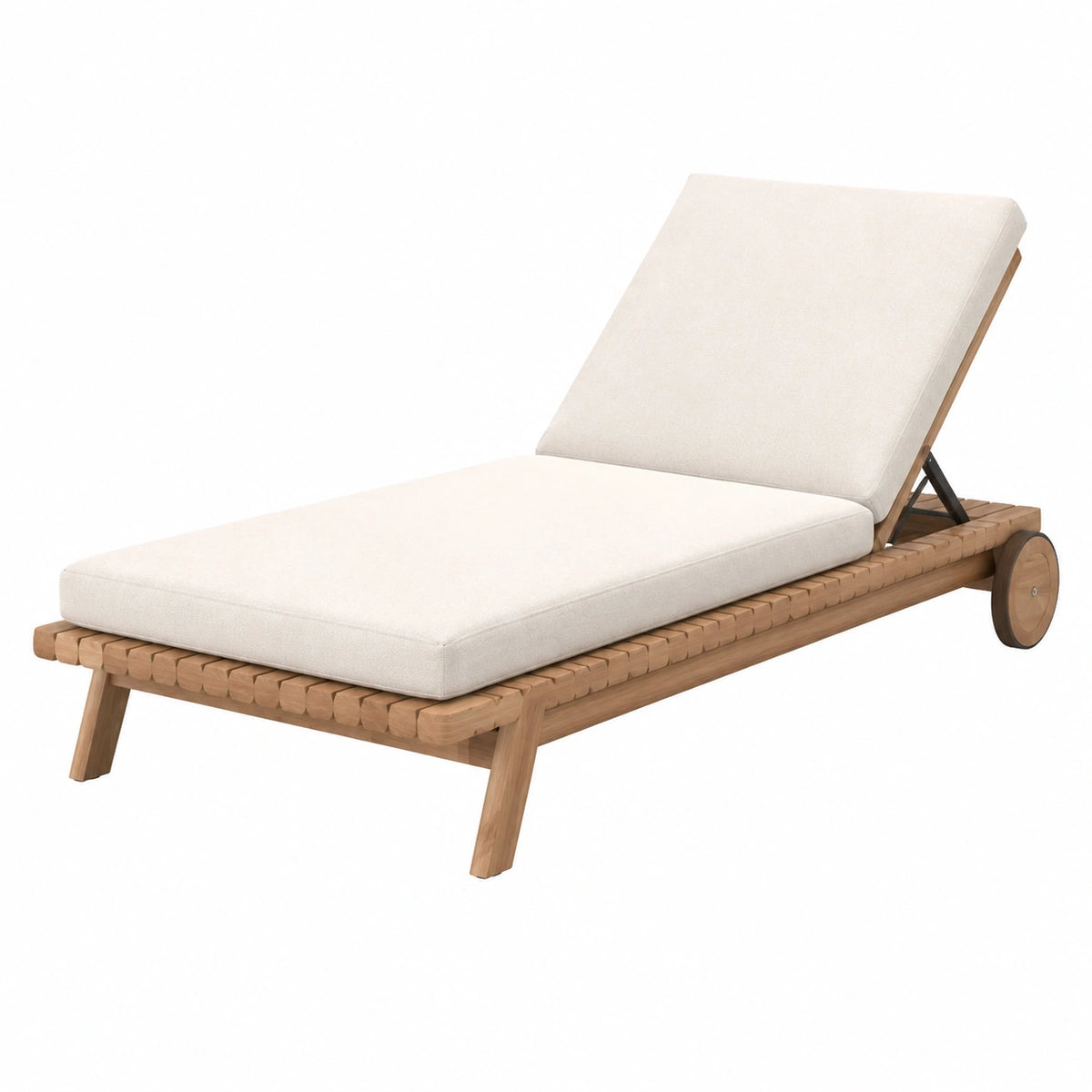 Bain de soleil en bois naturel et beige 200 x 70 x 35 cm avec dossier réglable et roulettes