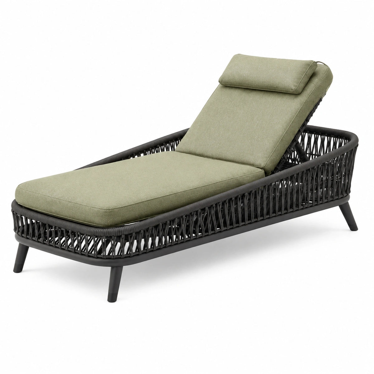 Chaise longue inclinable d'extérieur en tressage synthétique vert olive et noir, 200 x 80 x 75 cm