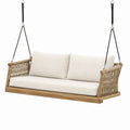 Balancelle suspendue 2 places 140 x 75 x 65 cm en bois naturel, corde beige et sangles noires