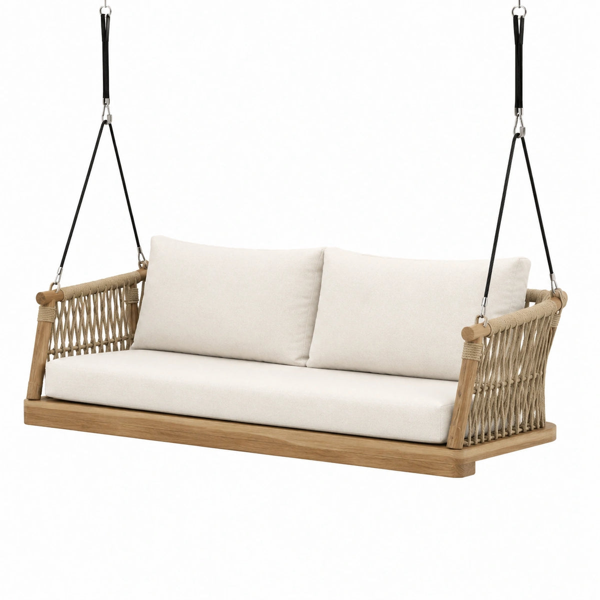 Balancelle suspendue 2 places 140 x 75 x 65 cm en bois naturel, corde beige et sangles noires