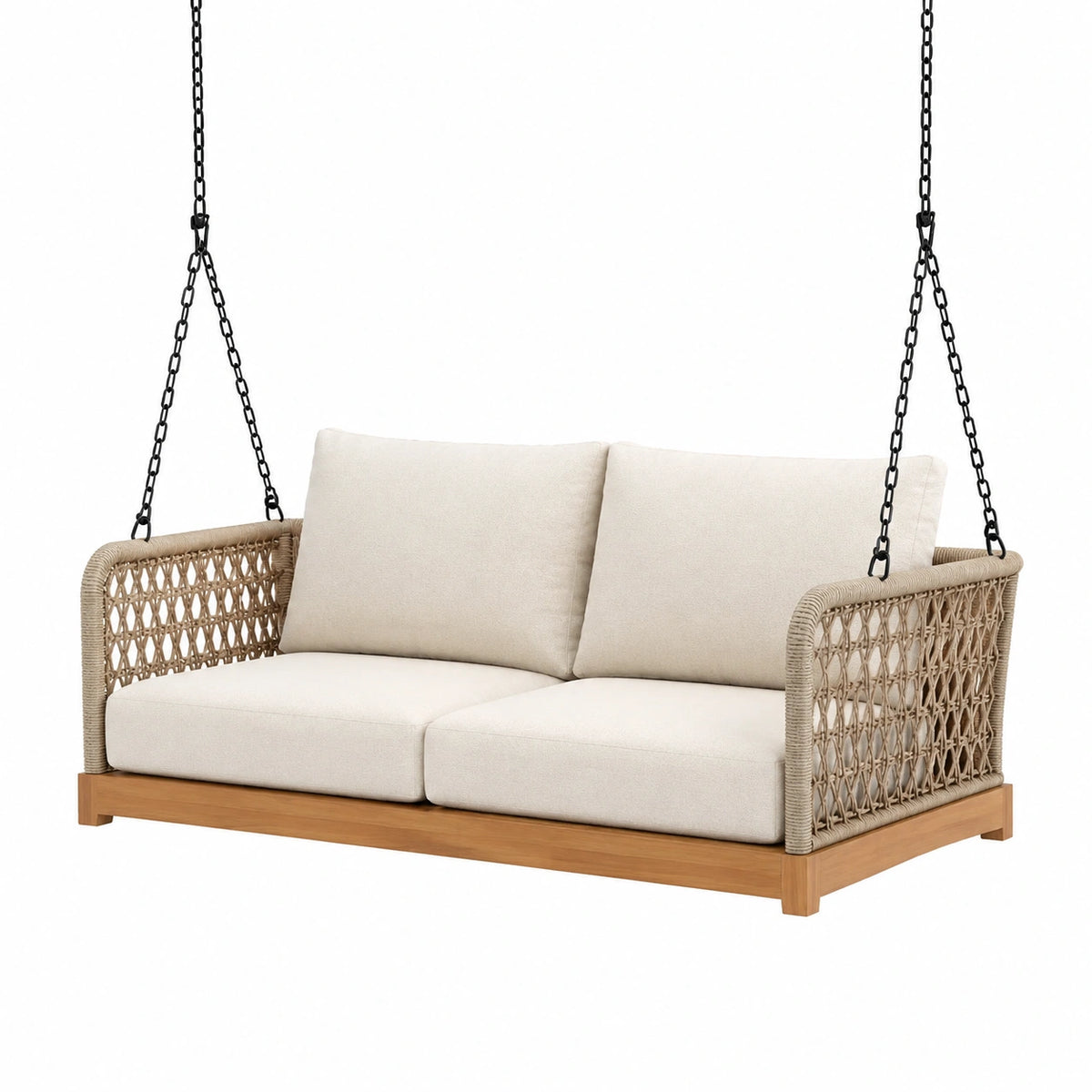 Canapé suspendu 2 places 150 x 75 x 70 cm en bois naturel, beige et noir, style bohème