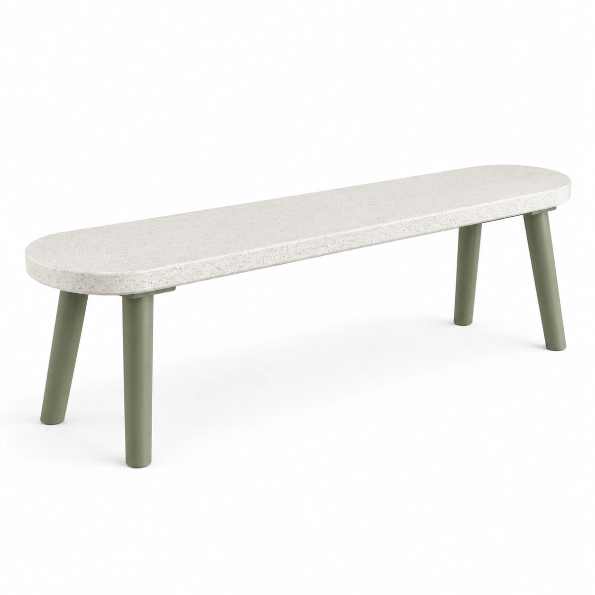 Banc contemporain 140 x 40 x 45 cm, plateau effet terrazzo blanc et pieds vert sauge