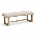 Banc contemporain en bois clair et tissu bouclette beige, 120 x 40 x 45 cm
