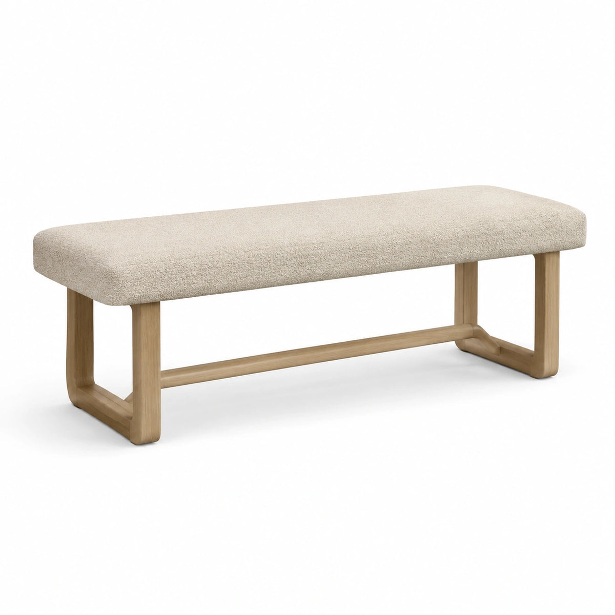 Banc contemporain en bois clair et tissu bouclette beige, 120 x 40 x 45 cm