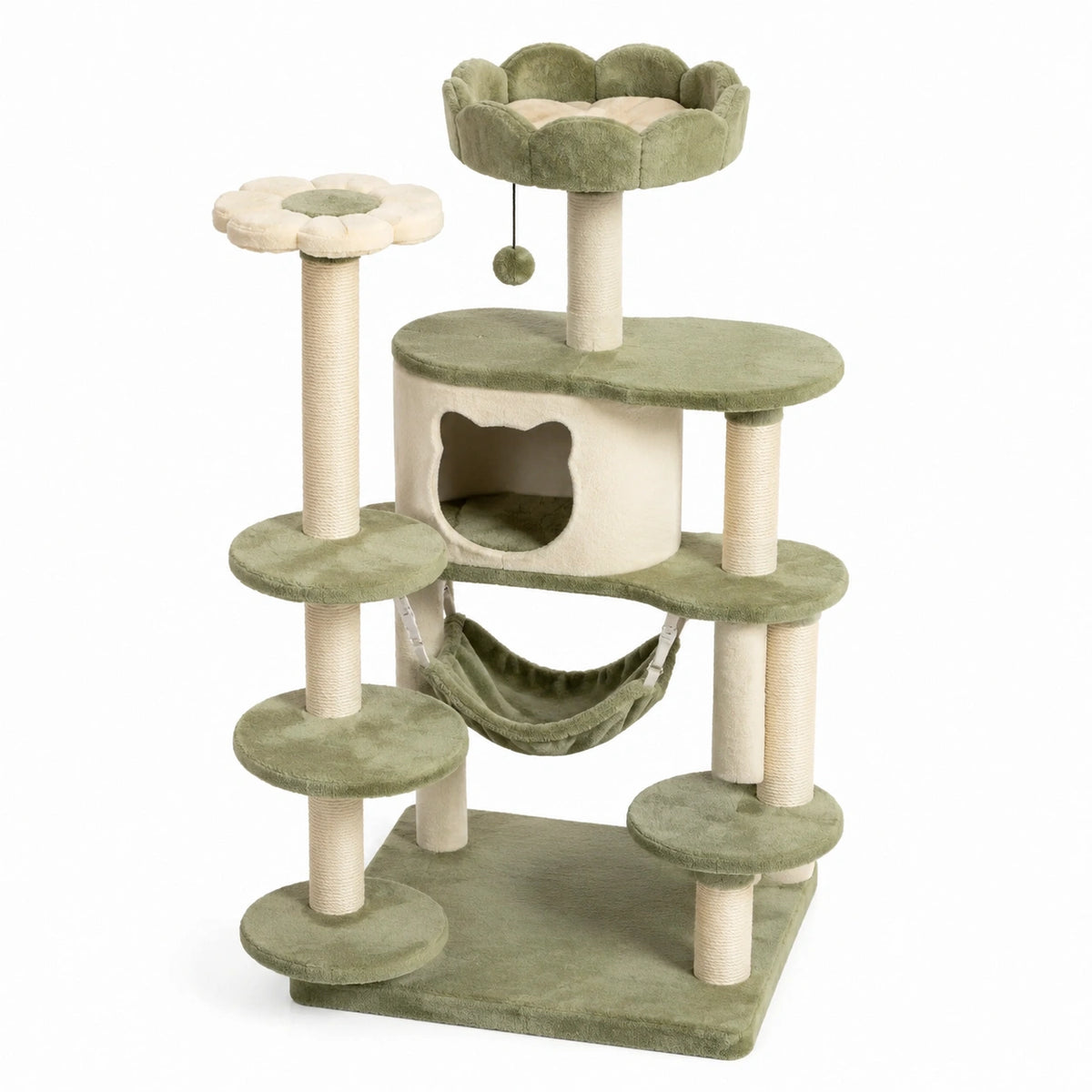 Arbre à chat en peluche Vert et Crème, 60 x 50 x 135 cm, avec niche, hamac et poteaux en sisal