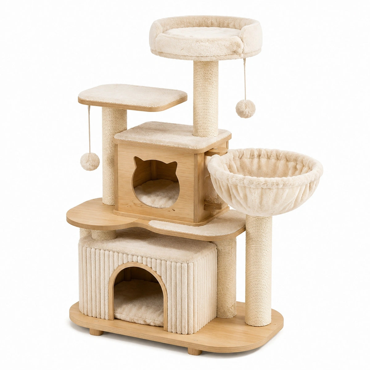 Arbre à chat beige et bois naturel 80 x 60 x 150 cm avec poteaux en sisal, niches et couchages