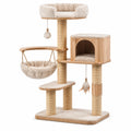 Arbre à chat beige et bois naturel 60 x 50 x 150 cm avec niche, hamac et poteaux en sisal