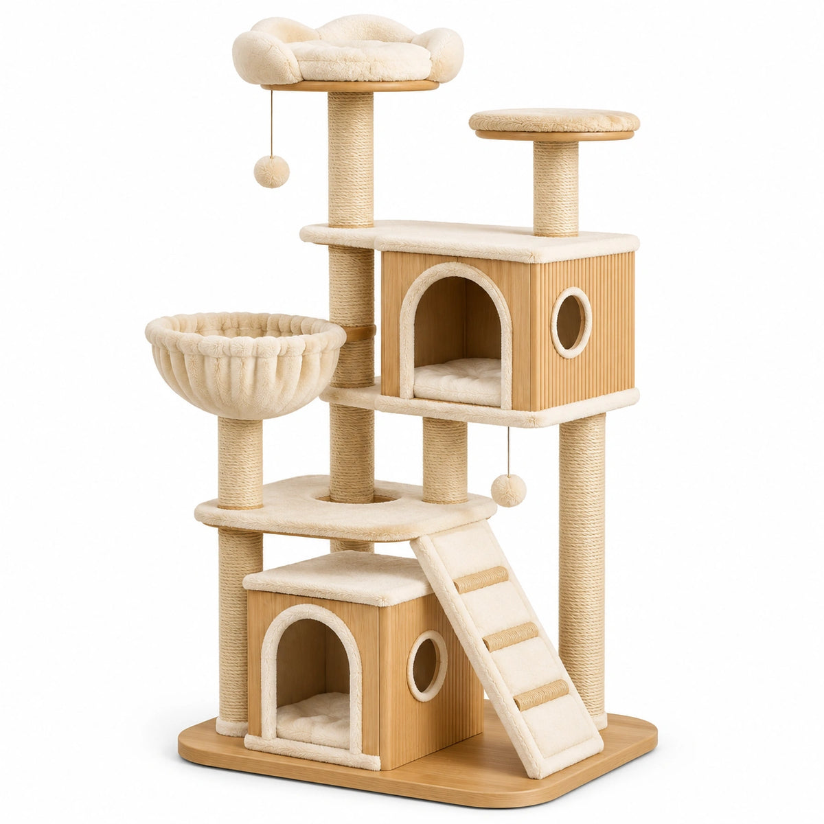 Arbre à chat beige et bois naturel, 100 x 60 x 170 cm, avec niches, rampe et poteaux en sisal
