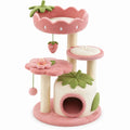 Tour d'escalade motif fraise 55 x 55 x 110 cm en peluche rose, verte et crème avec niche, plateformes et poteaux en sisal