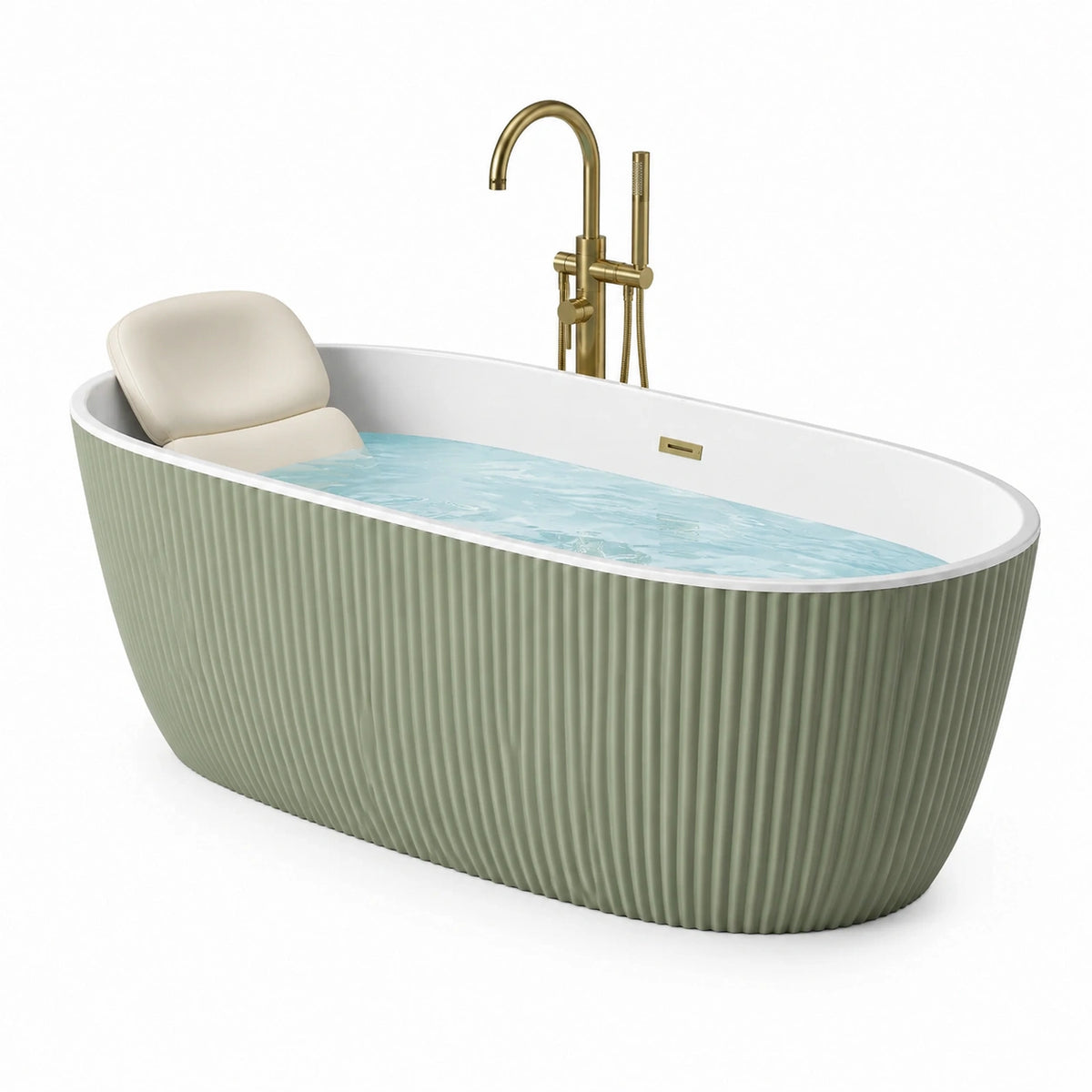 Baignoire ovale contemporaine en acrylique vert sauge et blanc, 170 x 75 x 58 cm